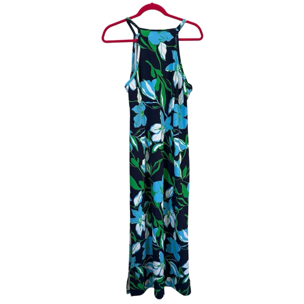 Boston Proper Halter Maxi Dress L Large Navy Blue Green White Floral Resort - Picture 3 of 8